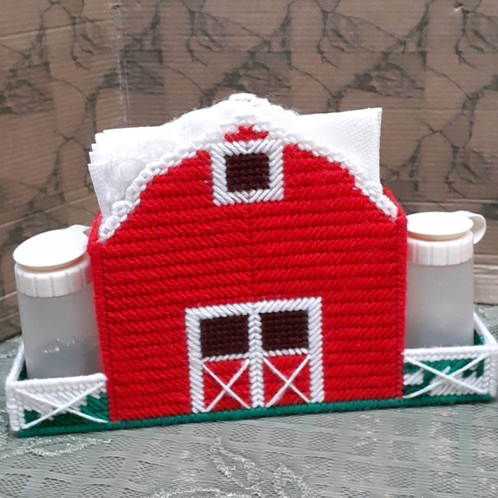 Vintage 2-pcHandmade Needlepoint plastic Canvas barn and 3D birdhouse collection - Picture 4 of 13